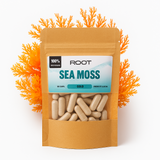 Bottle of 30 Root Sea Moss Gold Capsules – natural daily supplement to support energy, immunity, and overall vitality.