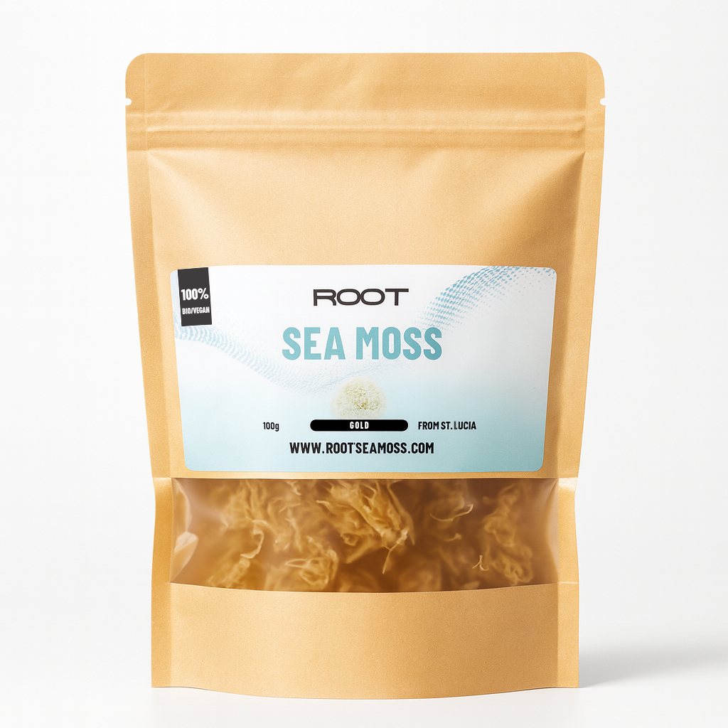 100 g pack of dried gold Root Sea Moss – high-quality natural source of iodine, calcium, and essential nutrients.