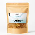 100 g pack of dried gold Root Sea Moss – high-quality natural source of iodine, calcium, and essential nutrients.