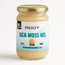 350 ml jar of Root Sea Moss Gold Gel – 100% bio, vegan, and non-GMO sea moss superfood for daily health and wellness.