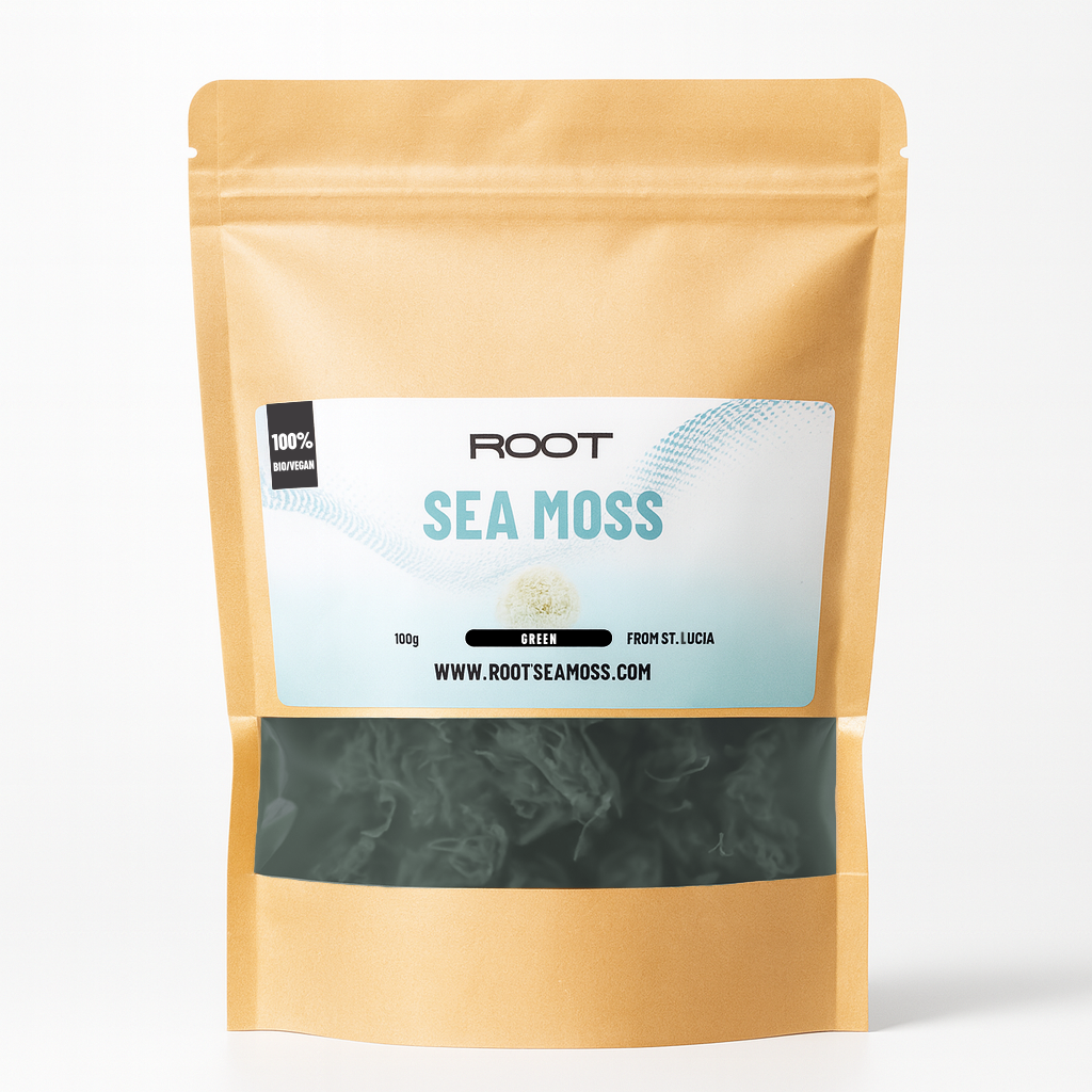 100 g pack of dried green Root Sea Moss – 100% natural raw seaweed superfood rich in iodine, zinc, and antioxidants.