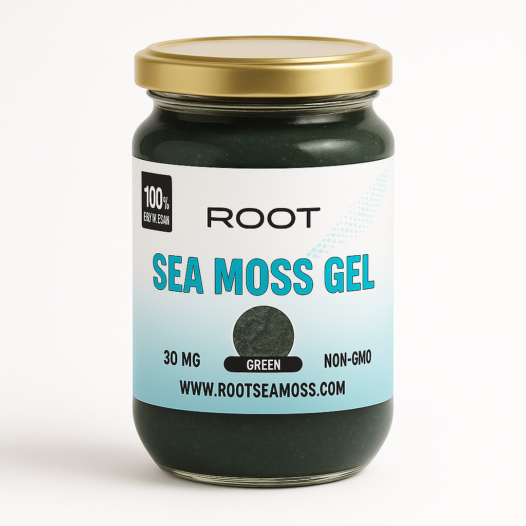 350 ml jar of Root Sea Moss Green Gel – natural bio and vegan sea moss gel to support energy, digestion, and immune health.