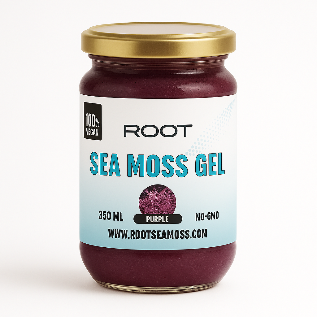 350 ml jar of Root Sea Moss Purple Gel – 100% bio, vegan, and non-GMO superfood gel rich in essential minerals and vitamins.